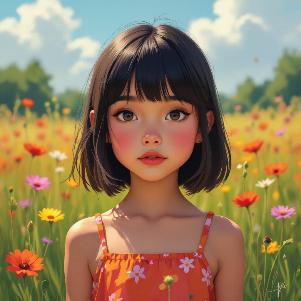 Girl in Meadow: Digital Painting with Watercolor Textures
