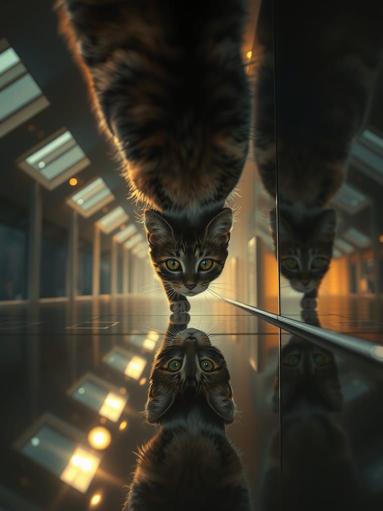 Kitten Walking Upside Down in Mirror Reflections