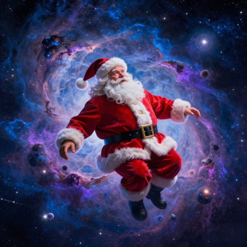 Santa Claus Floating in a Vibrant Cosmic Nebula