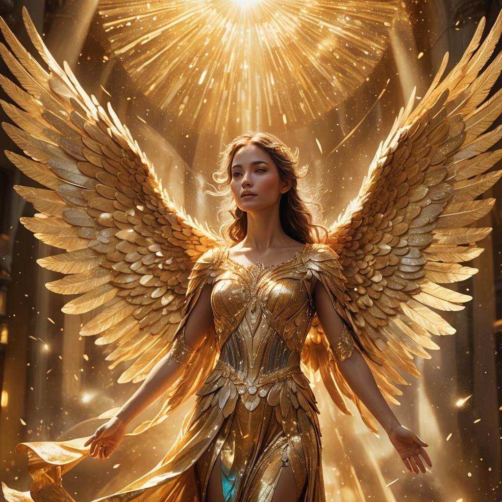 Radiant Angel in Golden Aura: Hyperrealistic Concept Art