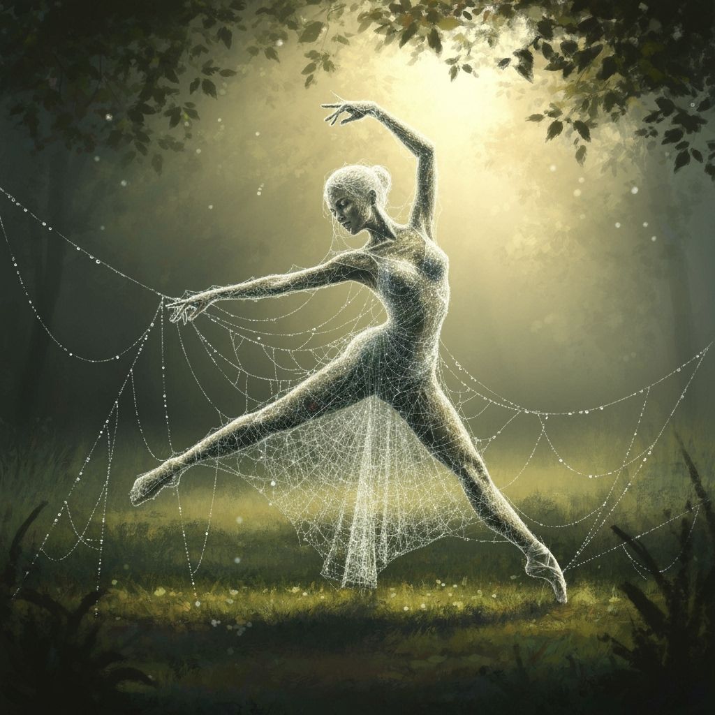 Ethereal Dancer Made of Spider Webs in Misty Forest