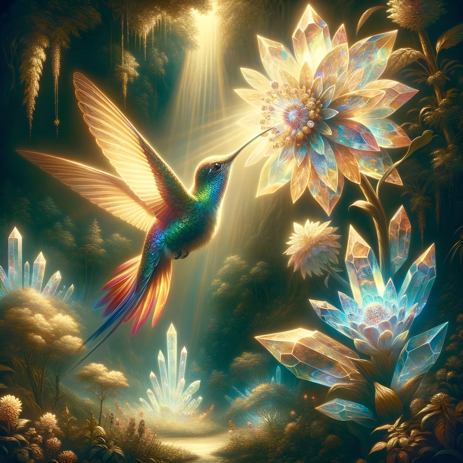 Iridescent Hummingbird Sipping Nectar in Mystical Glade