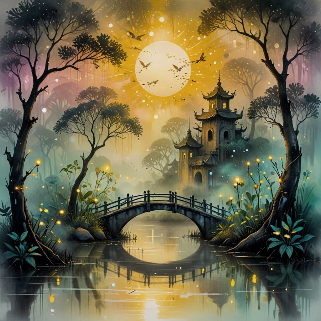 Enchanted Mangrove City in Ink Painting Style