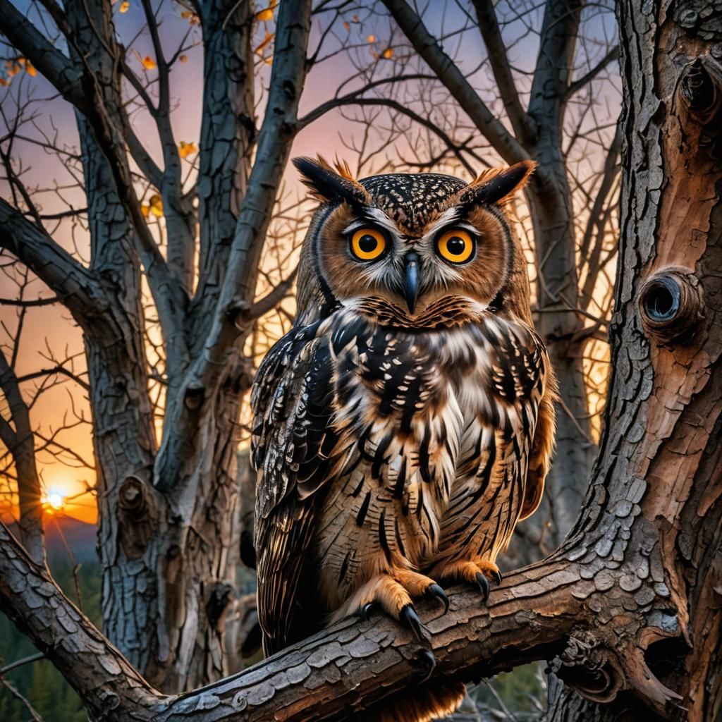Quirky Owl with Bioluminescent Eyes in Mountain Scene