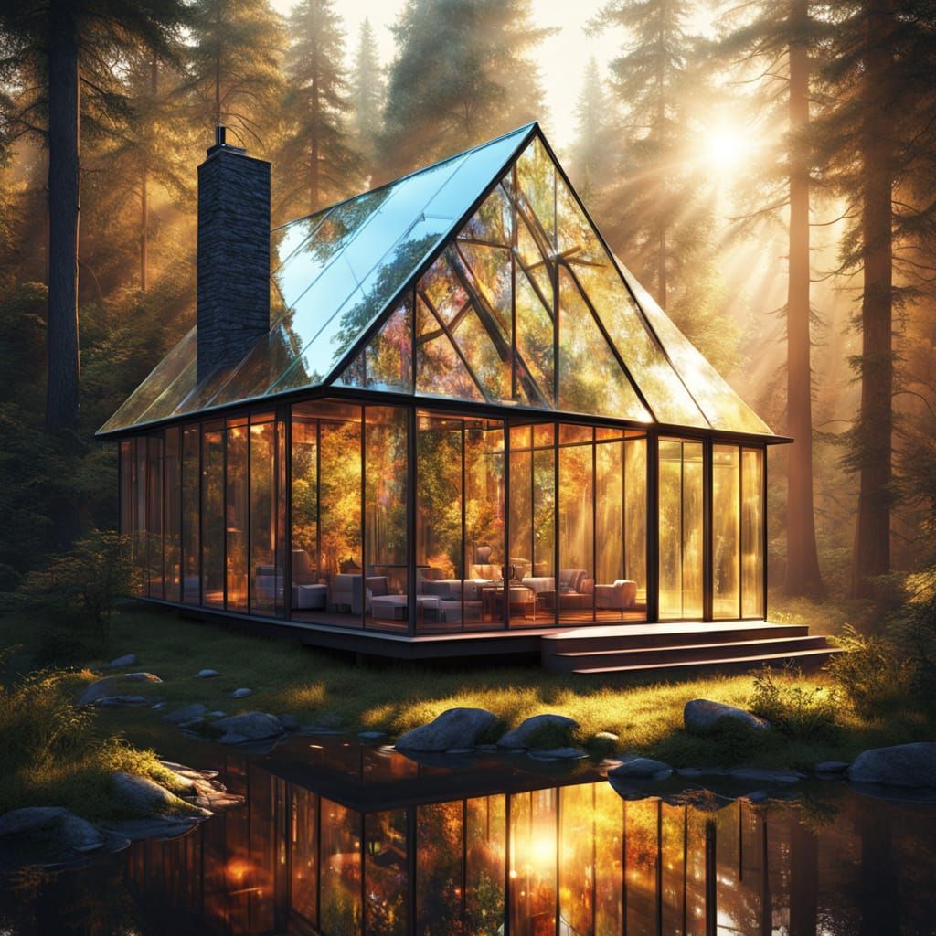 Transparent Glass Cottage Floats in Ethereal Forest