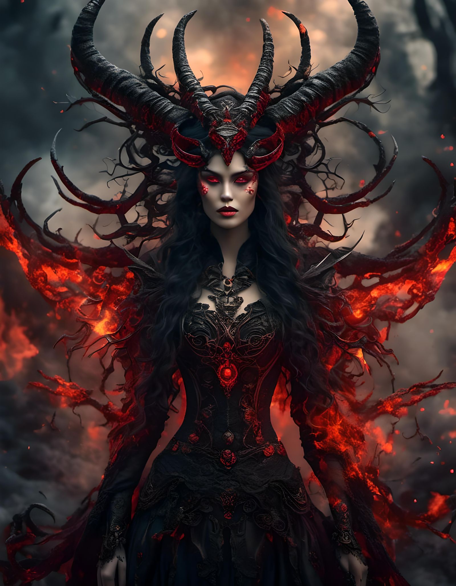 Demon Lady with Fiery Eyes and Gothic Attire
