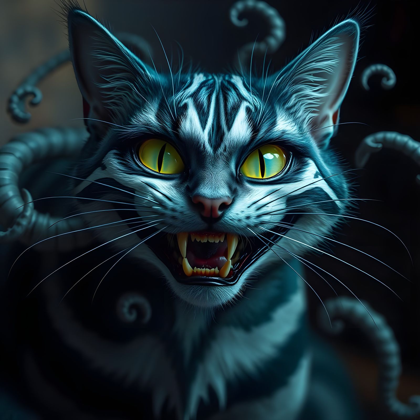 Mysterious Eldritch Feline in Teal and White Stripes