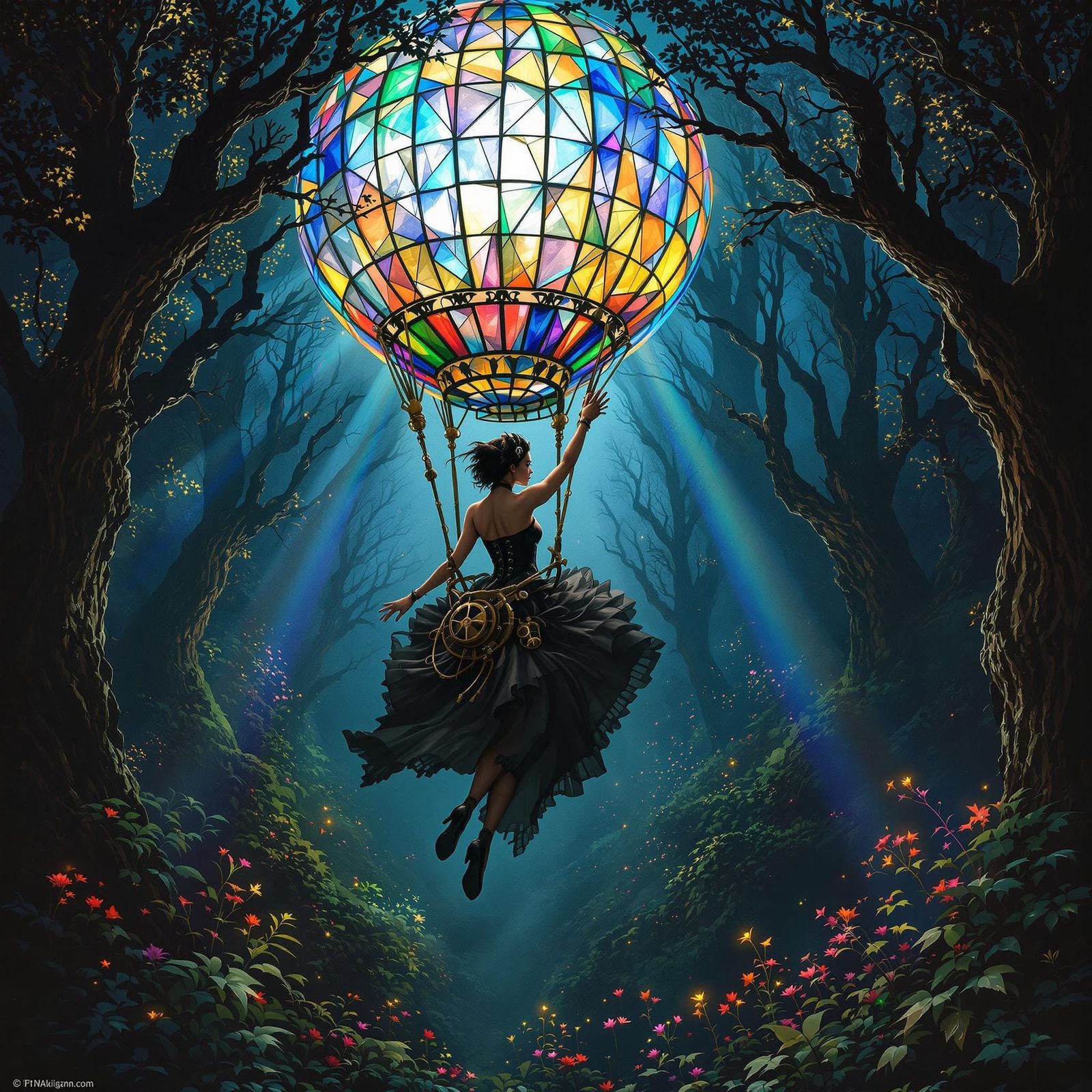 Steampunk Siren in Moonlit Forest with Stained Glass Balloon