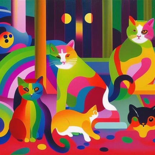 Rainbow Cats Offering Help, Detailed Classical Painting
