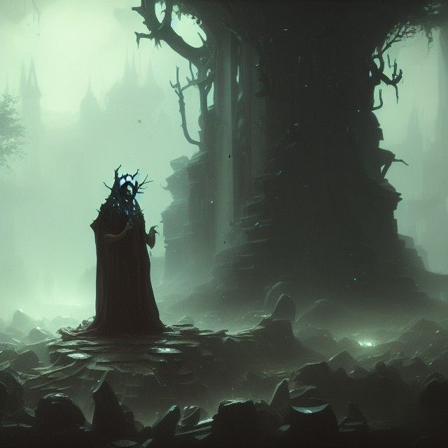 Sorrowful Lich Emerges from Well: Dark Fantasy Art