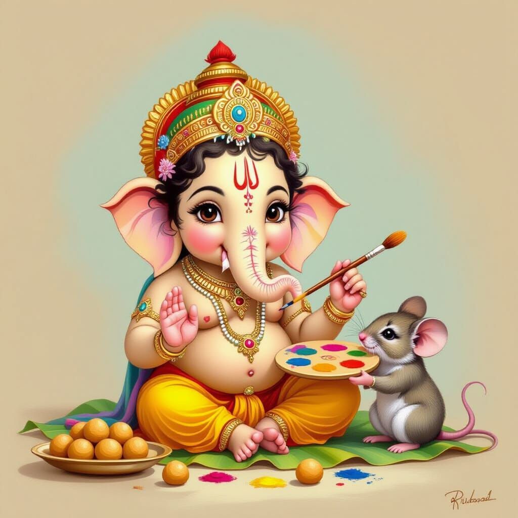 Baby Ganesha Portrait with Mouse, Colorful Painting