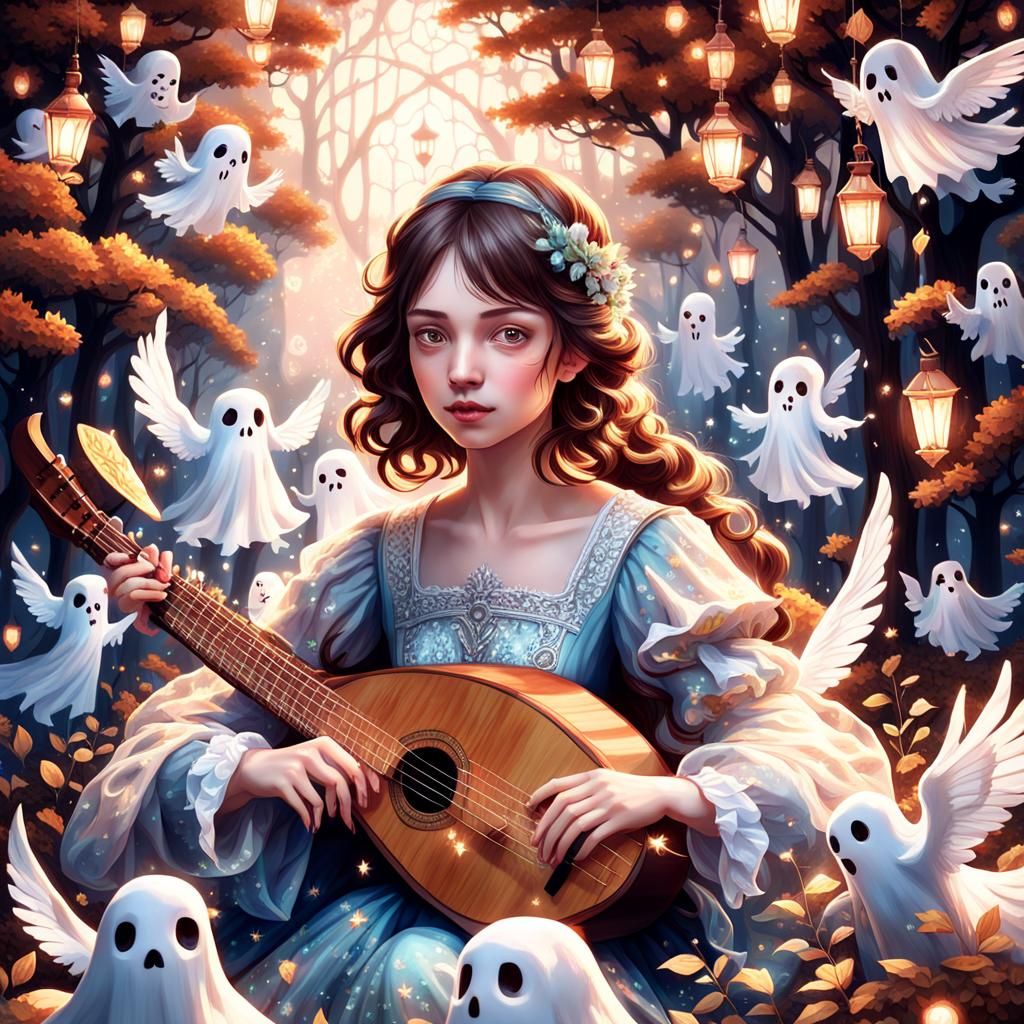 Baroque Anime Portrait: Woman with Ghostly Friends