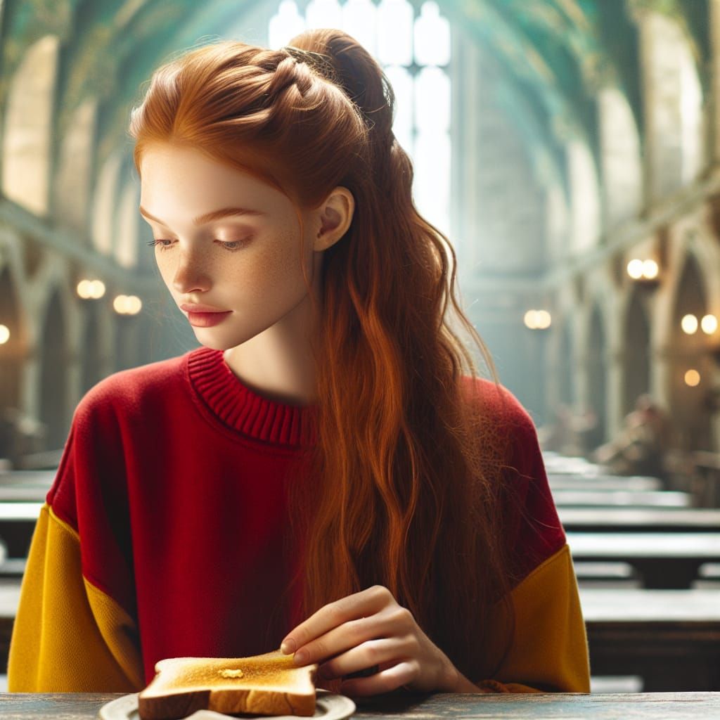 Redhead Woman Having Breakfast in Enchanted Hall