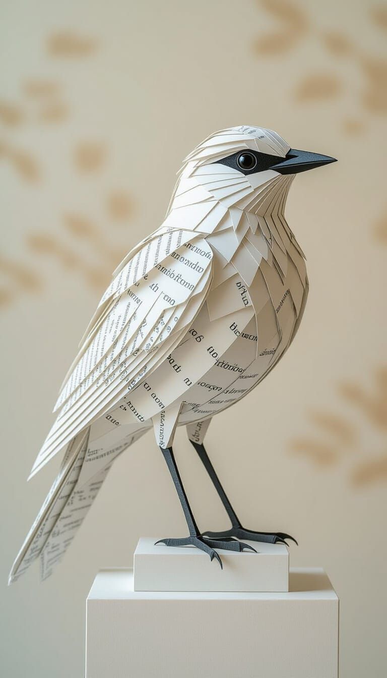Realistic Paper Bird Sculpture on Minimalist Pedestal