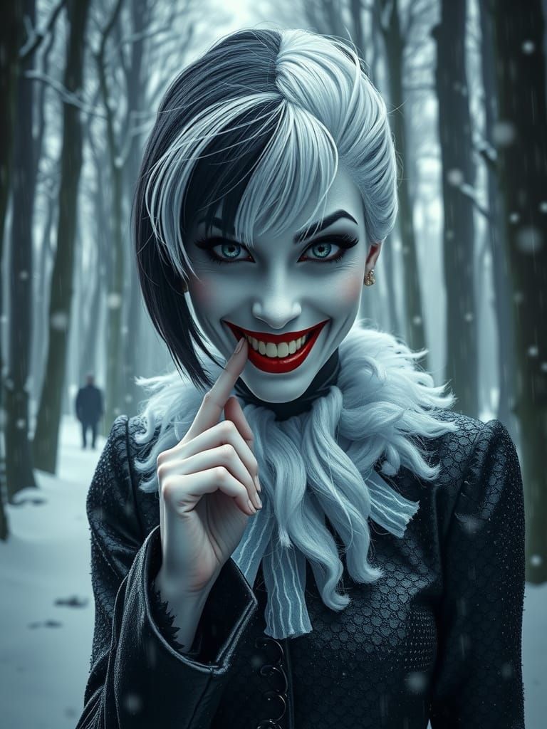 Cinematic Cruella in Winter Forest, Hyperrealistic Style