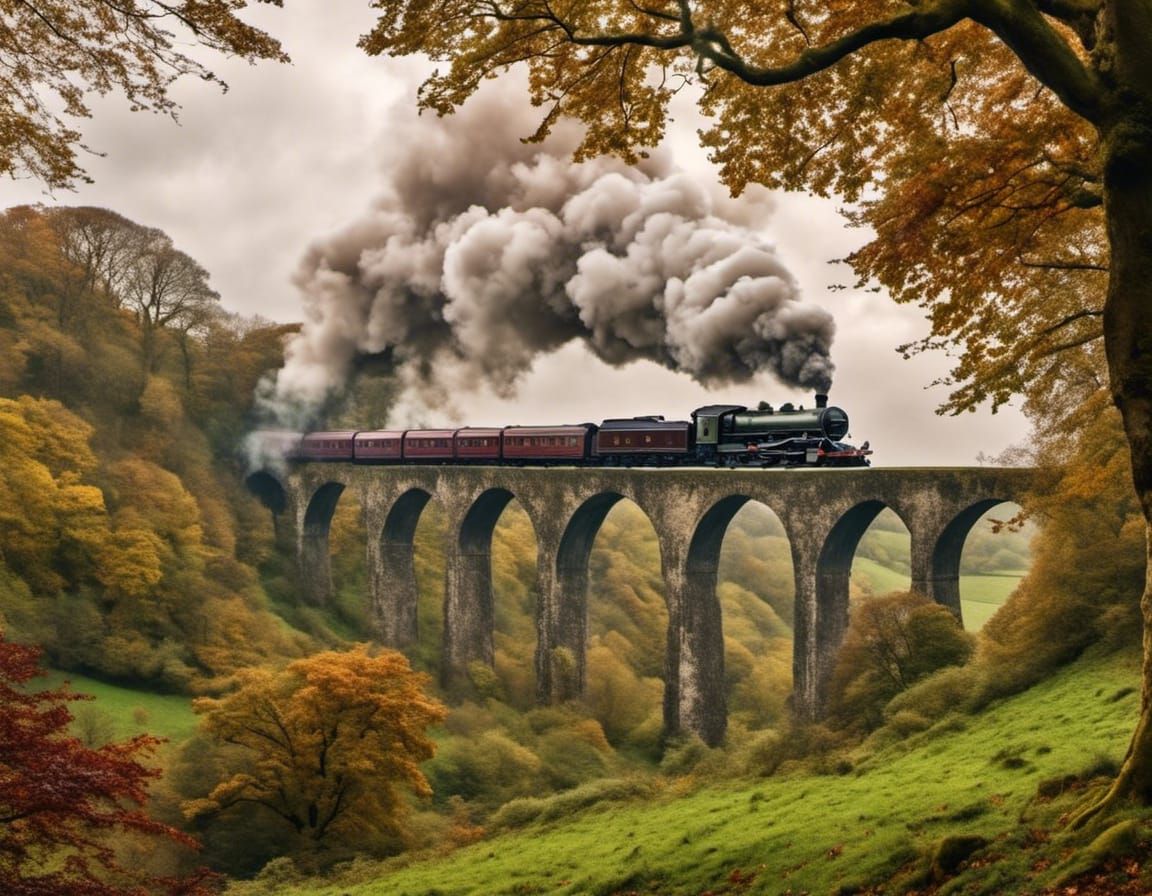 Steam Train on Viaduct in Classic British Countryside