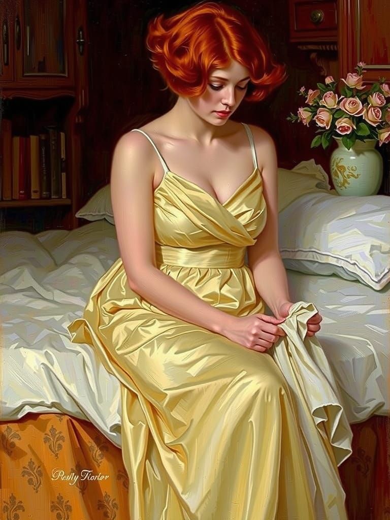 Young Woman in Yellow Gown with Roses, Impressionist Style