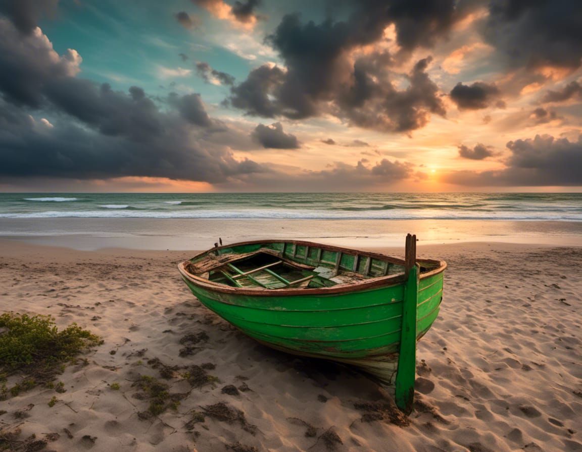 White Boat on Beach at Sunset in Watercolor Style