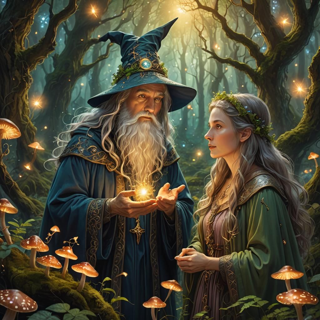 Whimsical Wizard in Mystical Forest Illustration