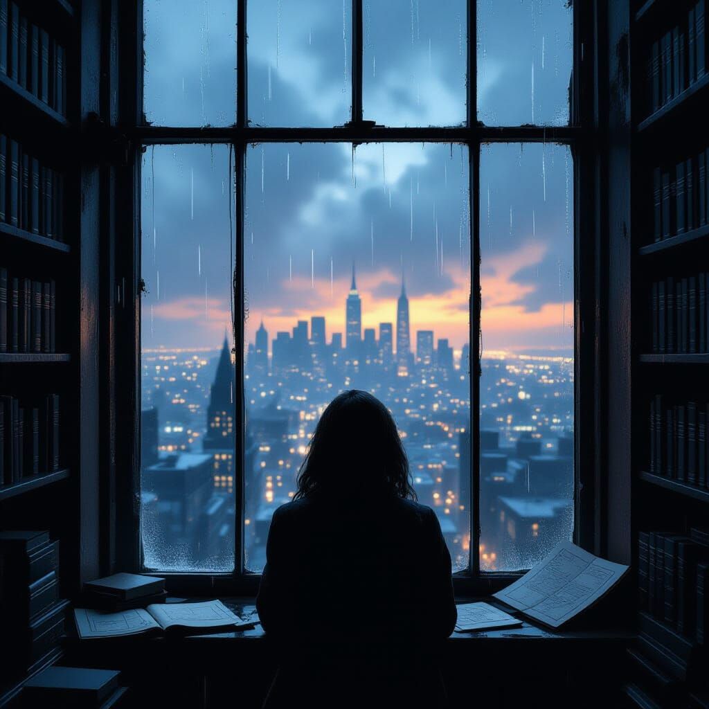 Moody Portrait of Person at Window Overlooking Rainy City