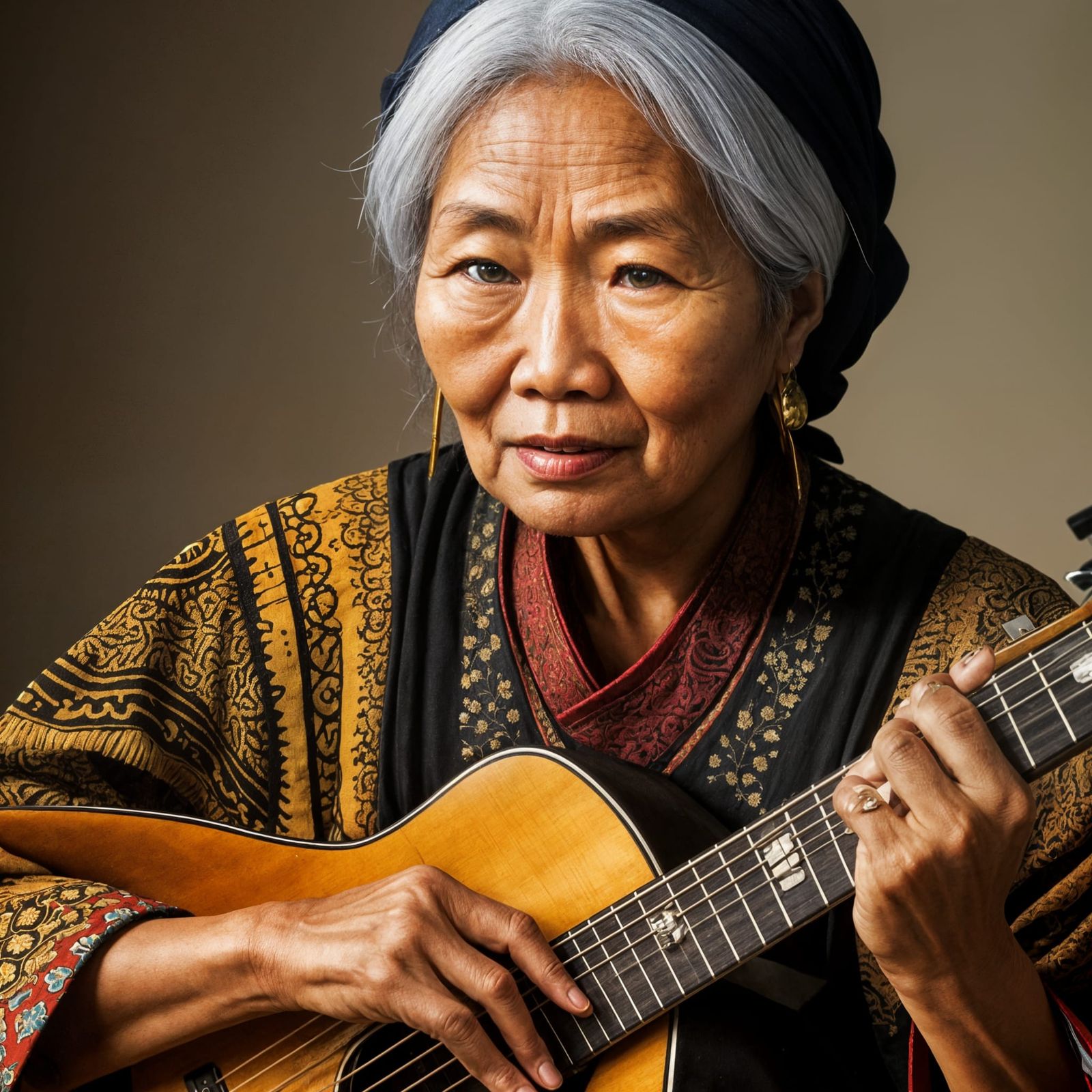 Indonesian Woman in Traditional Dress Playing Guitar