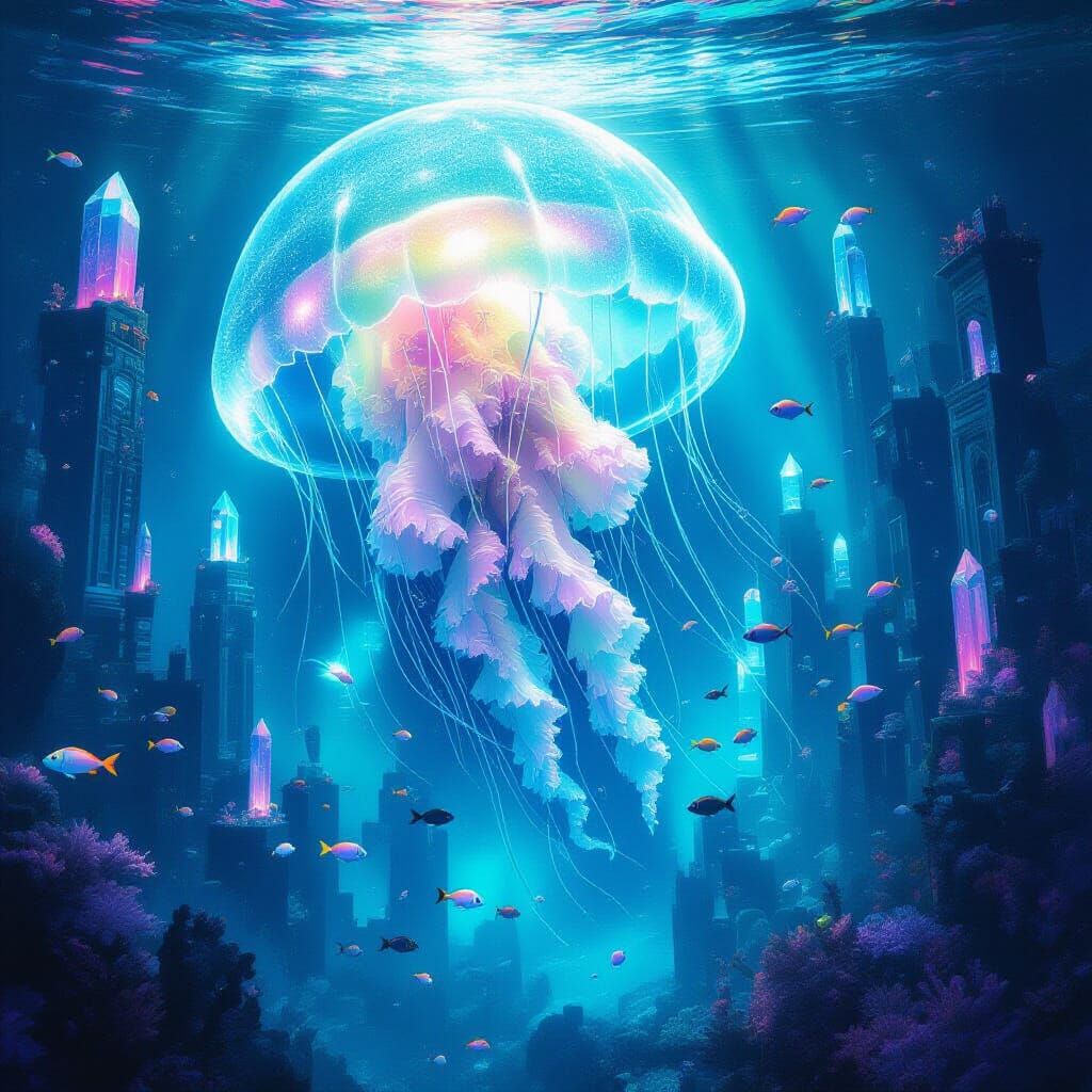 Bioluminescent Jellyfish in Alien Underwater City
