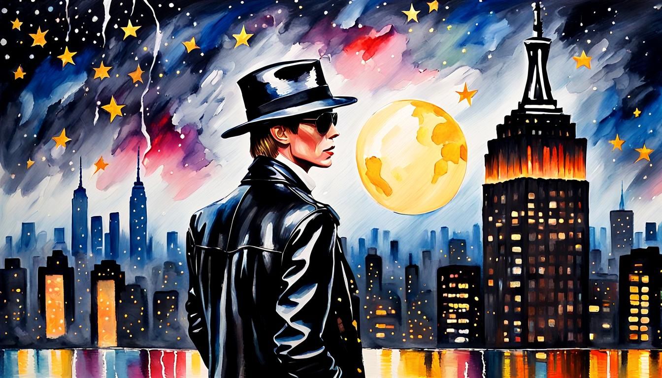 Watercolor Portrait in Rain with City Skyline