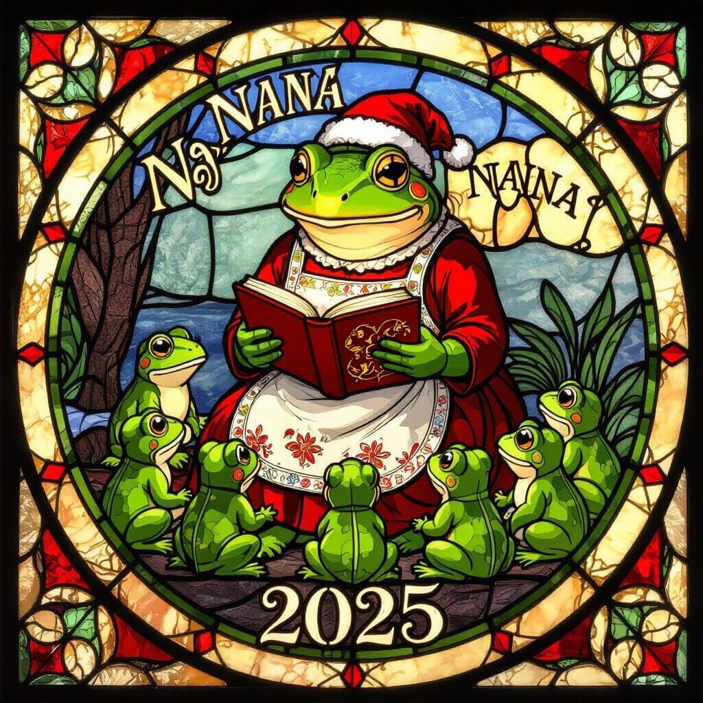 Frog Family Christmas Stained Glass Window
