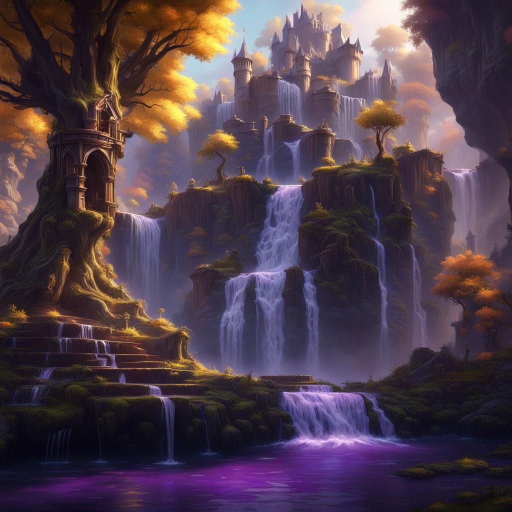 Tree Castle Waterfalls in Dark Fantasy Style