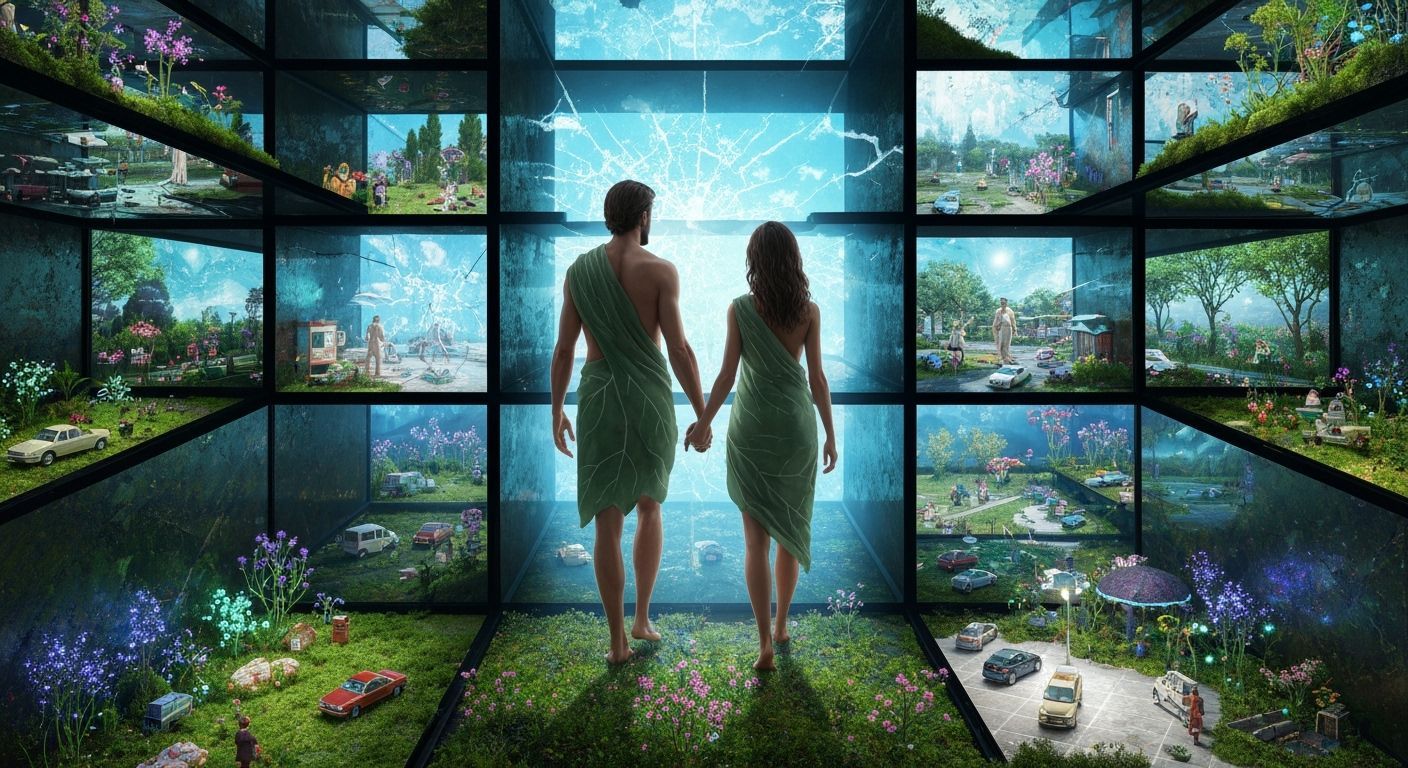 Adam and Eve in Mirror Labyrinth with Bioluminescent Flora