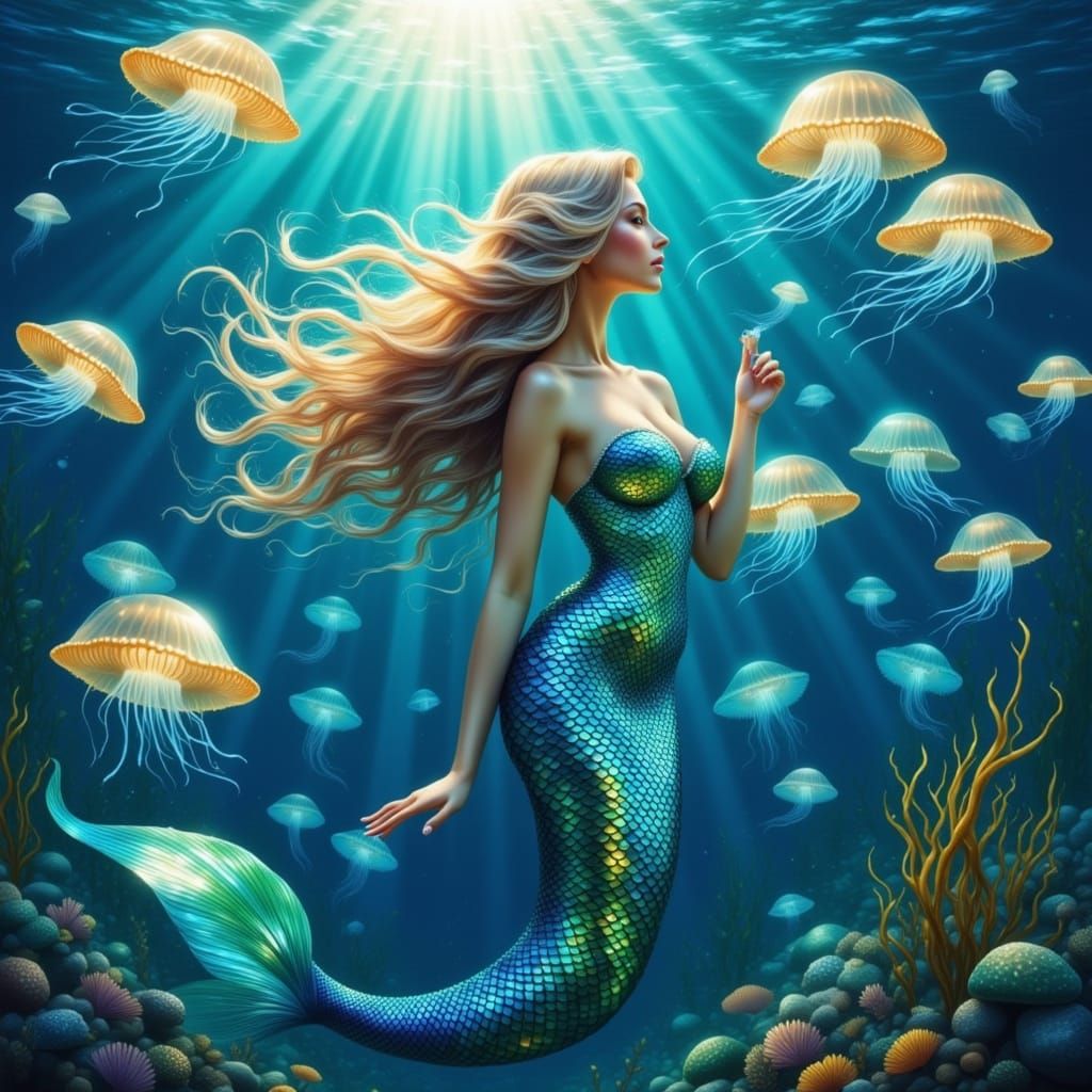 Mermaid Surrounded by Bioluminescent Jellyfish in Fantasy Re...