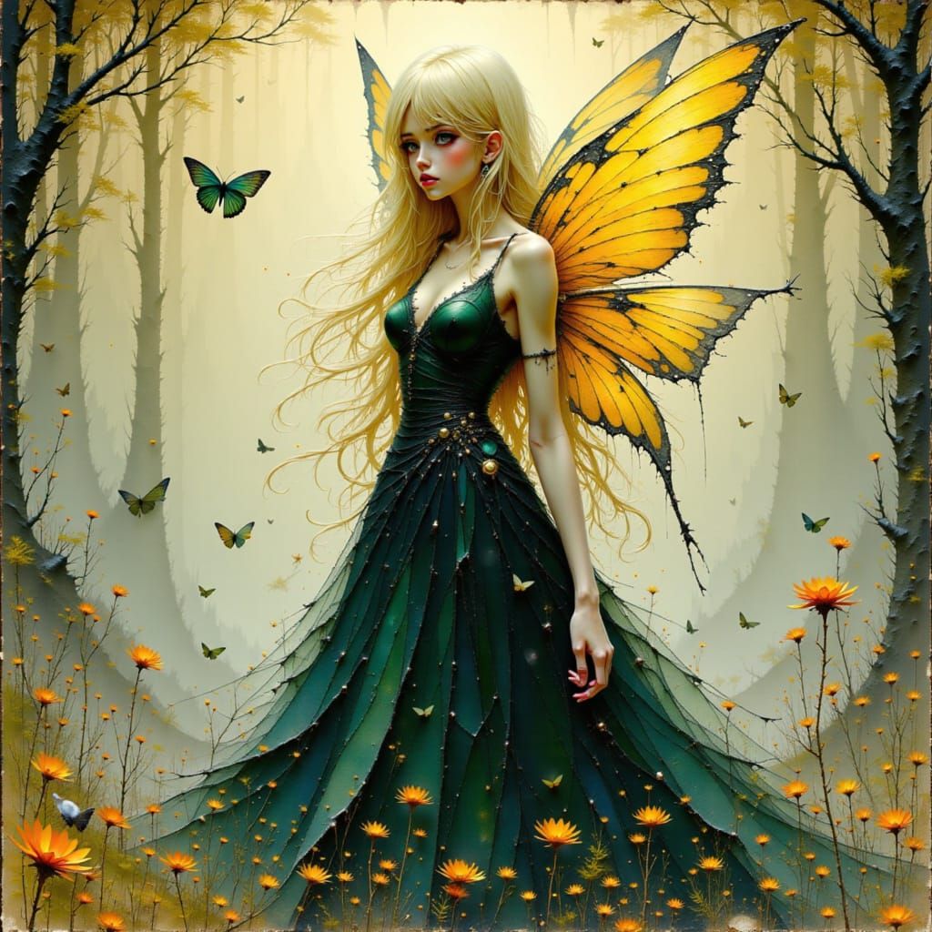 Blond Fairy in Forest, Ink Drawing Style