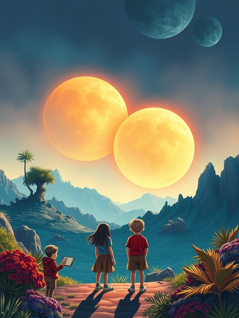 Children Gaze in Wonder at Twin Suns Rising Over Alien Lands...
