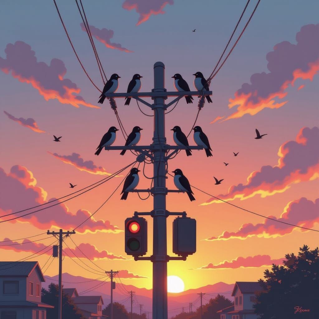Birds on a Wire at Sunset: Painterly Style