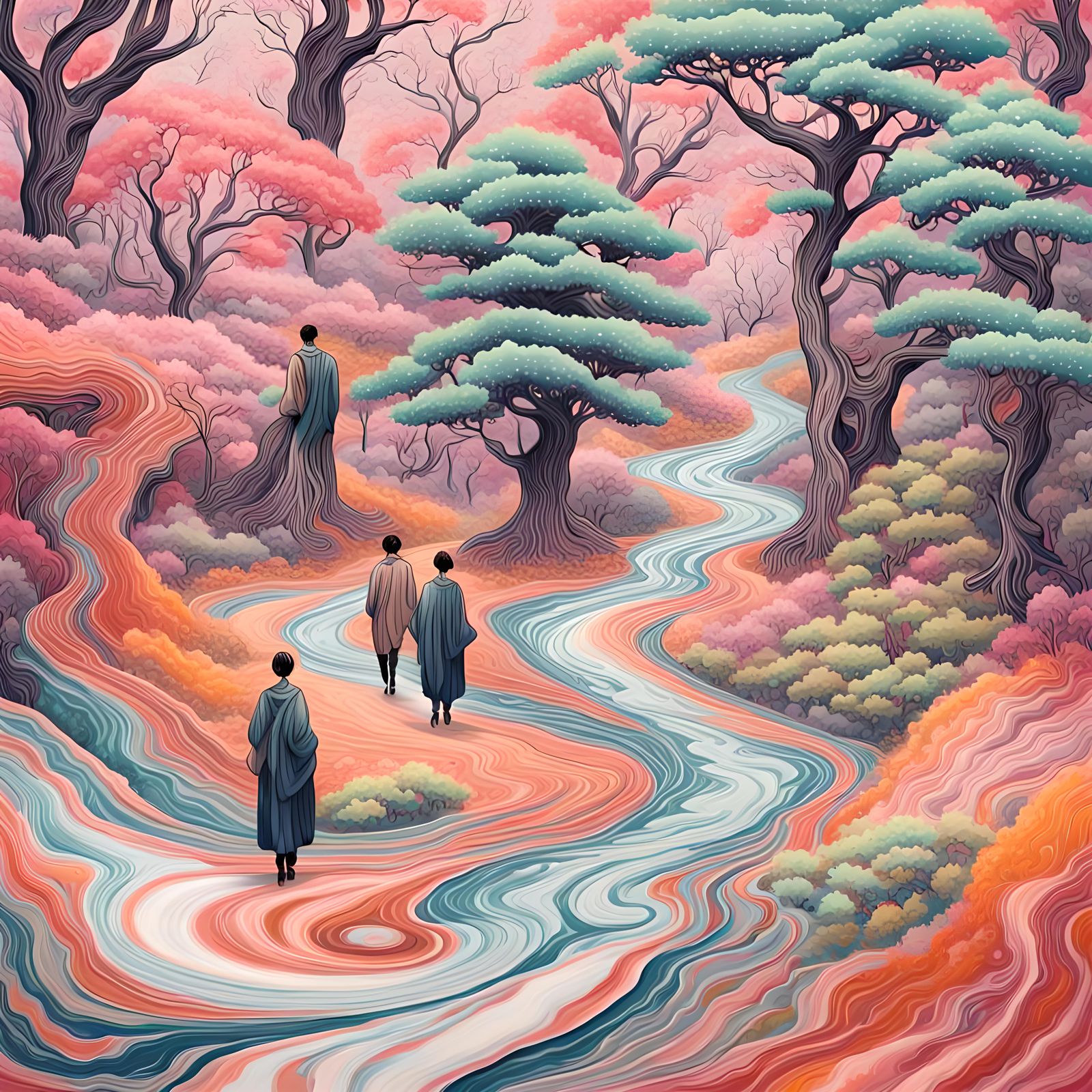 Abstract Travelers in Marbling Fantasy Forest