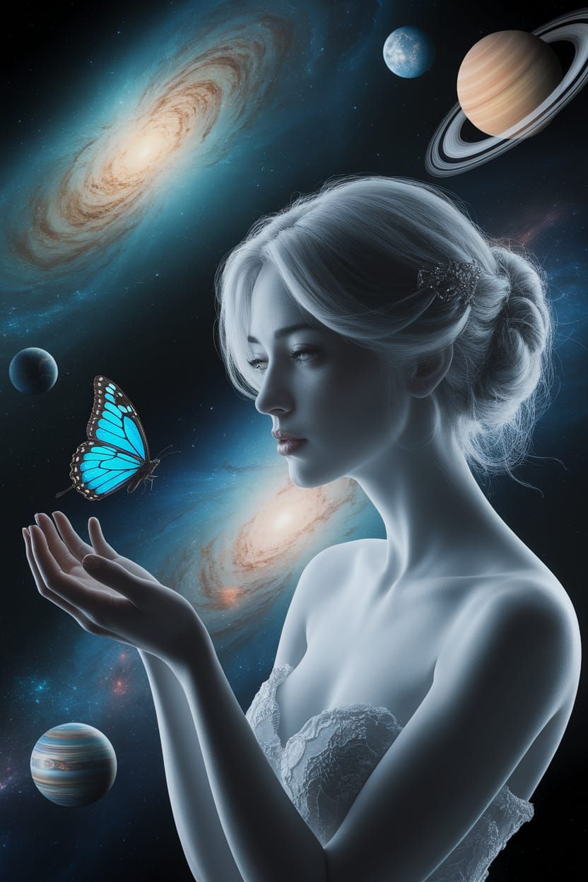 Ethereal Woman Releases Butterfly Into Universe