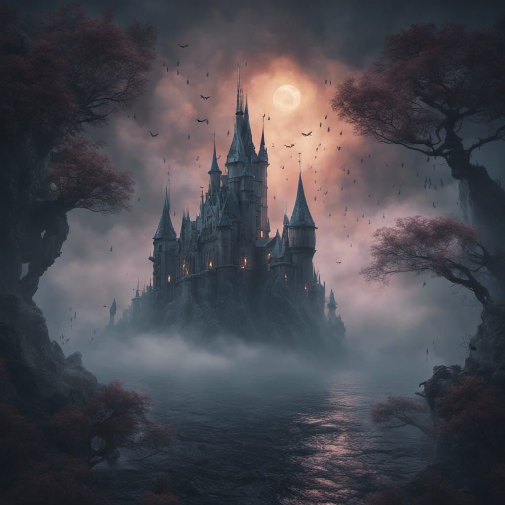 Dark Gothic Castle Floating in Mist with Banshees