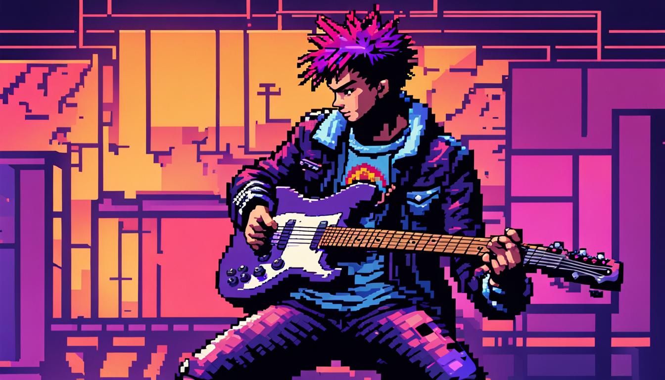 Pixelated punk teen with guitar on a stage