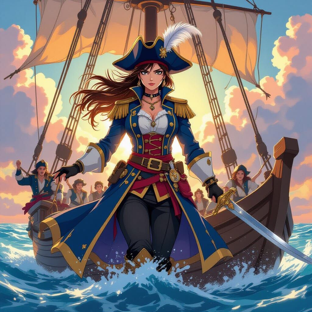 Heroic Anime Pirate Captain on Ship Bow