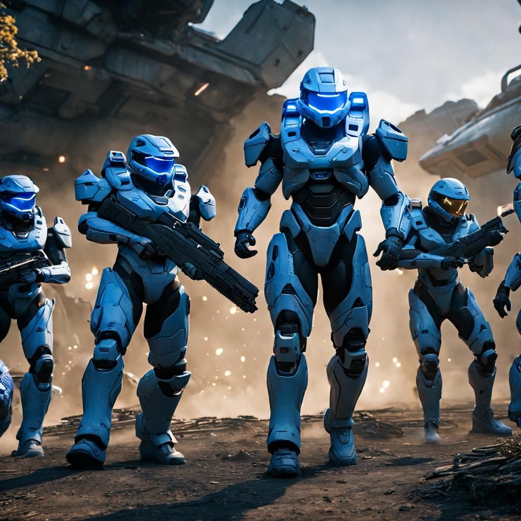 a group of future elite soldiers celebrating with masterchief and cortana after a 256 years long war 3D Game Cinematic F...