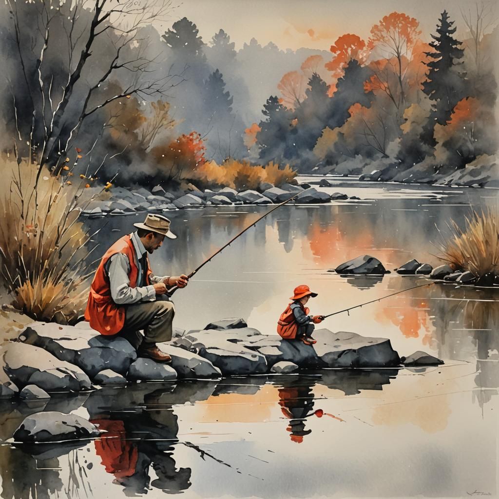 A little girl fishing with her father