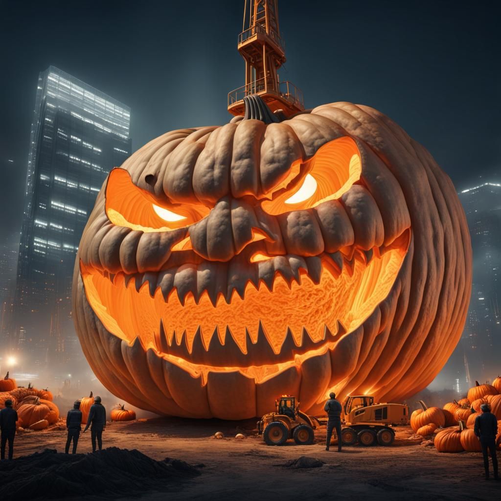 Surreal futuristic giant pumpkin being expertly carved by heavy machinery, excavators, bulldozers, tower cranes, driven ...