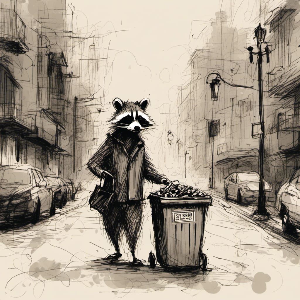 Stick Figure Raccoon in City Street