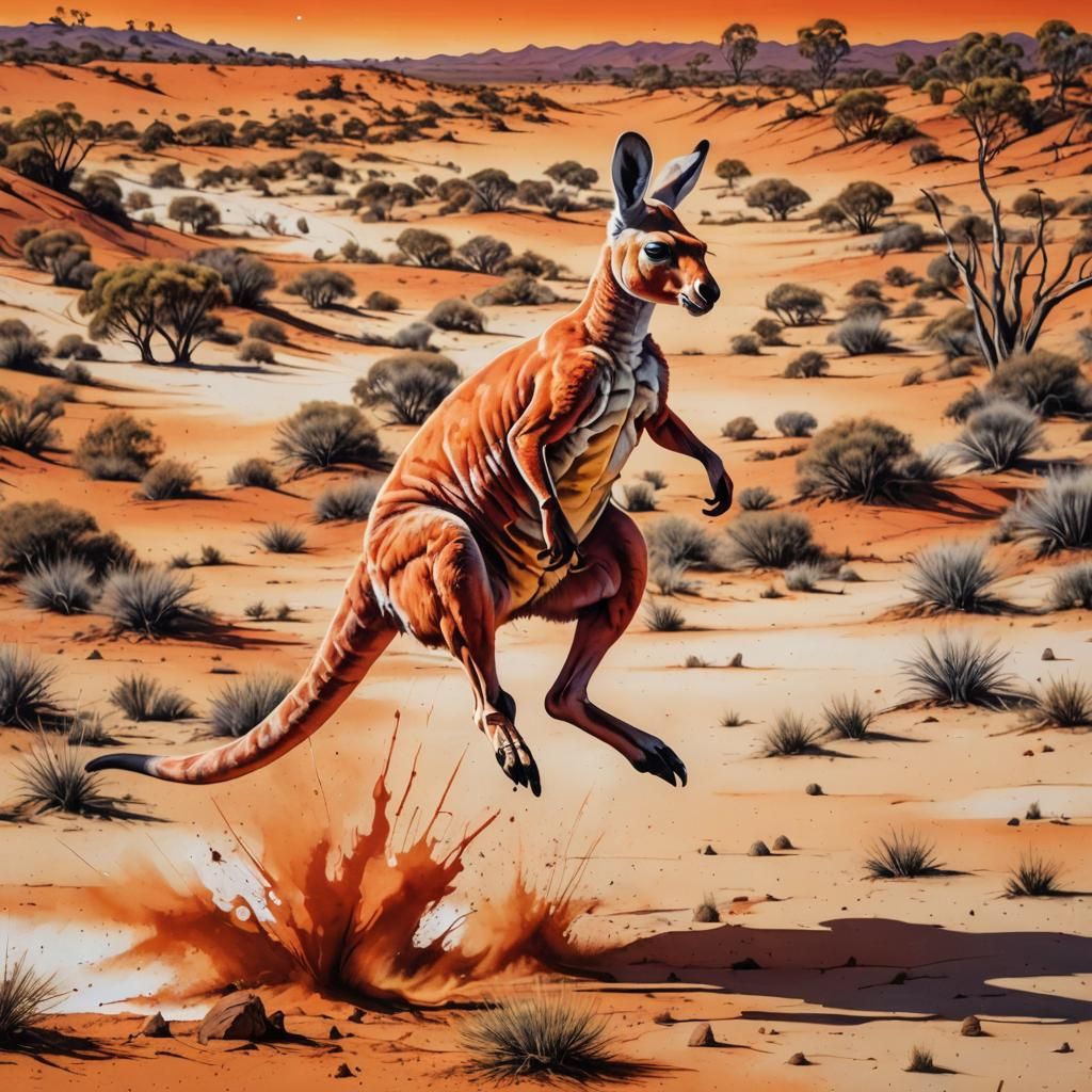 Kangaroo Bouncing Across Desert in Graffiti Art Style