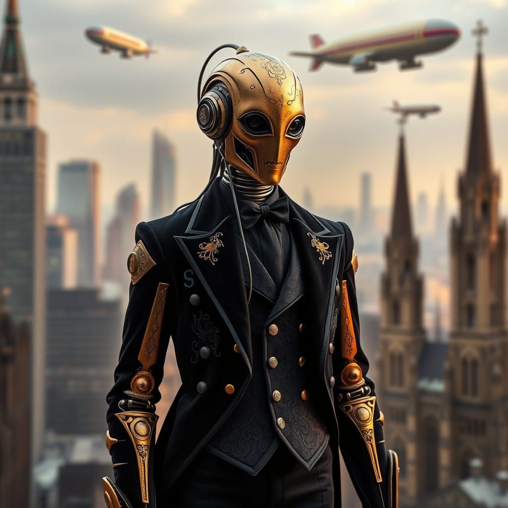 Golden Android in Futuristic Formal Attire, Against Art Deco...