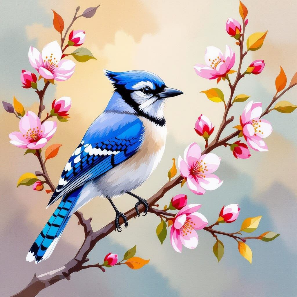 Vibrant Bluejay on Walnut Branch, Gouache Watercolor Style