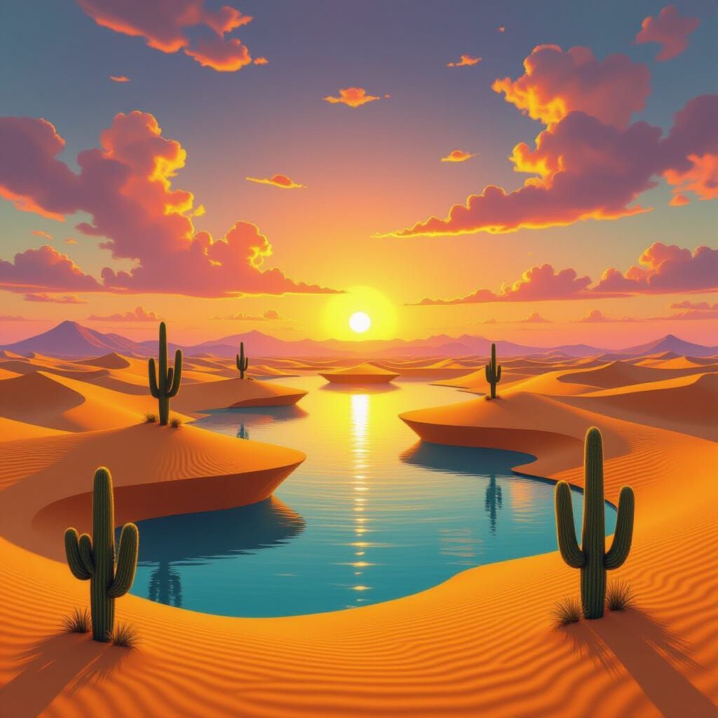 Surreal Desert Islands in Dreamlike Sunset Sky