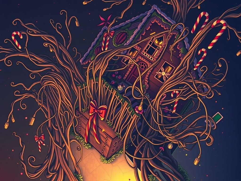 Dark Fantasy Gingerbread House in Ancient Forest