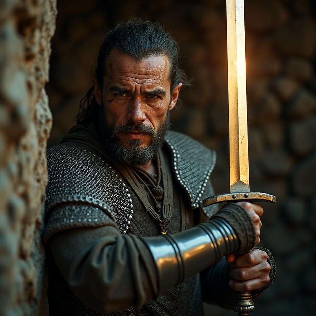 Gritty Warrior with Sword in Cinematic Light