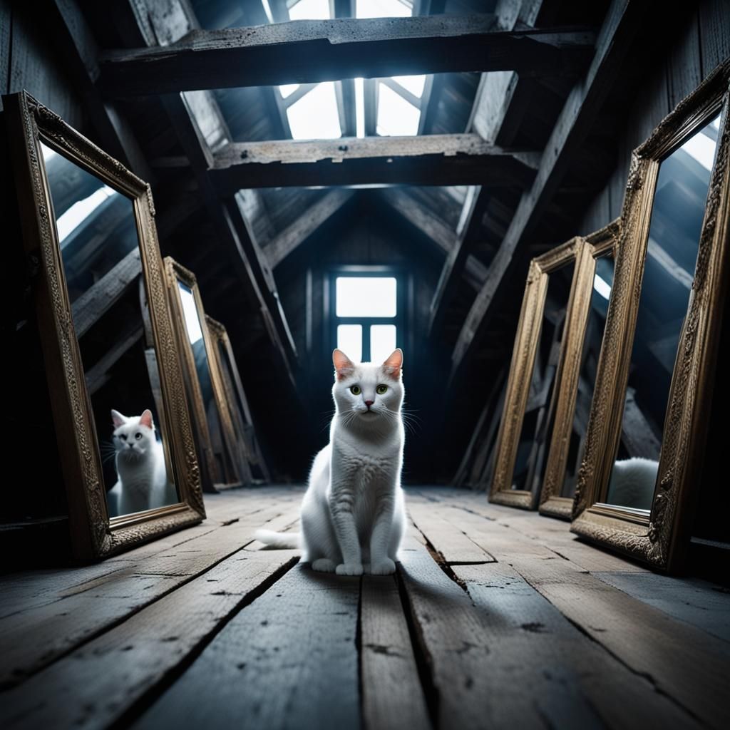 Cat in Haunted Attic Playing with Mirrors